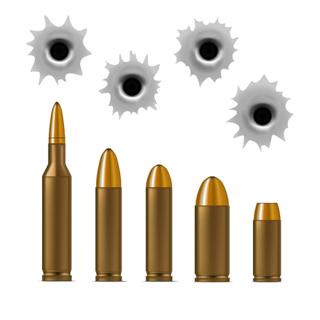 Realistic Detailed 3d Bullets and Bullet Holes Set. Vector illustration.のイラスト素材