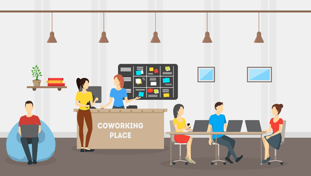 Cartoon Coworking Place Card Poster. Vectorのイラスト素材
