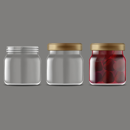 Realistic Detailed 3d Strawberry Jam Glass Jar Set with Cap, Full and Empty for Advertising. Vector illustration of Jarsのイラスト素材
