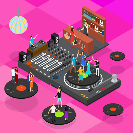 DJ Club Bar Concept 3d Isometric View Elements of Music Party and Disco Vinyl Dance. Vector illustration of Entertainmentのイラスト素材