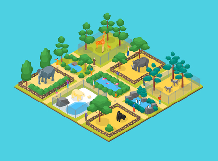 Zoo Concept 3d Isometric View Animal Wildlife Nature Park on a Blue Background. Vector illustration of Zoological Gardenのイラスト素材