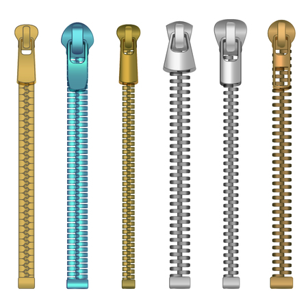Realistic Detailed 3d Clothes Metal Zipper Set Isolated on White Background Zip Closed Positions. Vector illustration of Zippersのイラスト素材