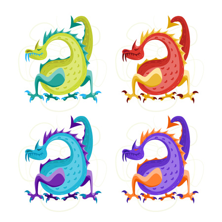 Cartoon Color Fantasy Animal Dragon Set.のイラスト素材