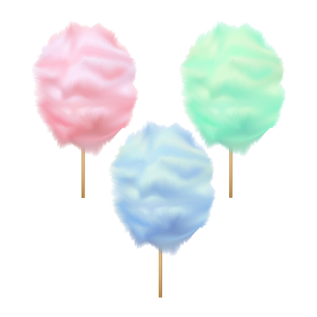 Realistic Detailed 3d Trendy Color Cotton Candy Set Sweet Sugar Dessert on Stick Summer Tasty Food. Vector illustrationのイラスト素材