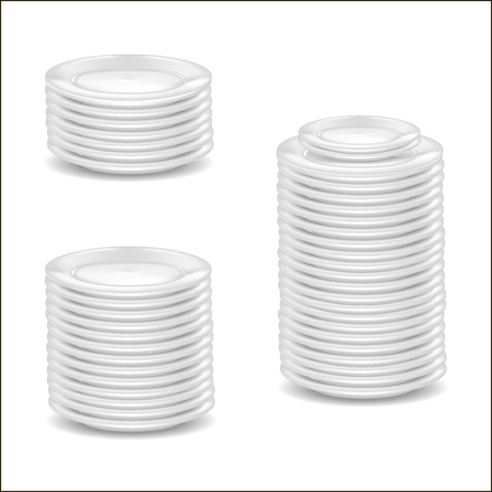 Realistic Detailed 3d Template Blank White Dishware Mock Up for Kitchen, Restaurant. Vector illustration Stack of Round Plates Setのイラスト素材