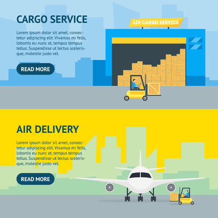 Cartoon Air Cargo Transportation Delivery Service Business Banner Horizontal Set . Vectorのイラスト素材