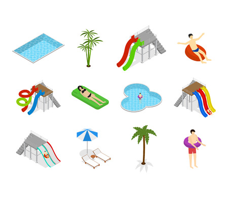Aqua Park Element Set Isometric View. Vectorのイラスト素材