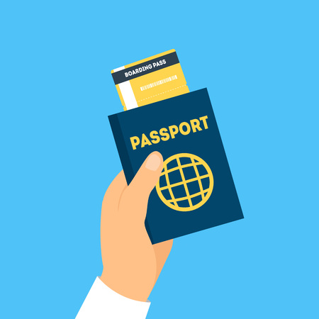 Cartoon Hand Holding Passport and Boarding Pass. Vector.のイラスト素材
