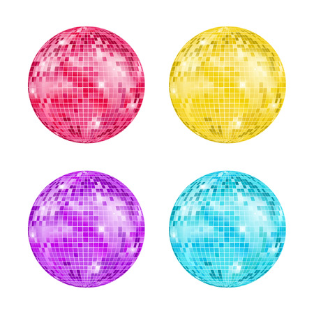 Realistic Detailed Disco Ball Night Club or Party Set Light Element Mirrorball for Decorating. Vector illustration of Discoballのイラスト素材
