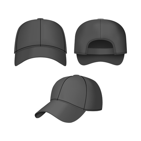Realistic 3d Black Baseball Cap Set. Vectorのイラスト素材