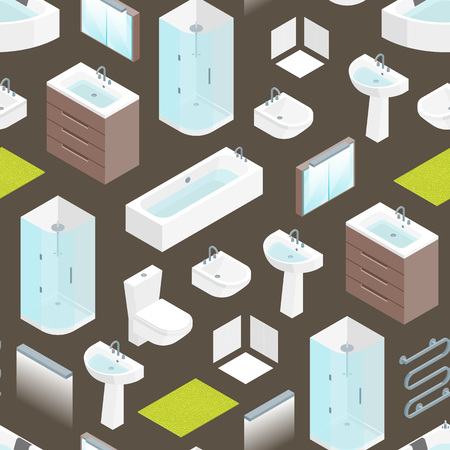 Furniture Bathroom Interior Seamless Pattern Background Isometric View with sink,  toilet and bath tubのイラスト素材