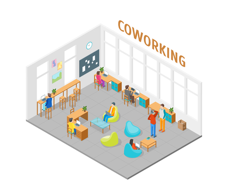 Coworking Center Interior with Furniture Isometric View vector.のイラスト素材