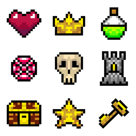 Color Pixel Objects Games Icons Set. Vectorのイラスト素材