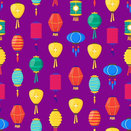 East Chinese Paper Street or House Lanterns Seamless Pattern Background. Vector illustration.のイラスト素材