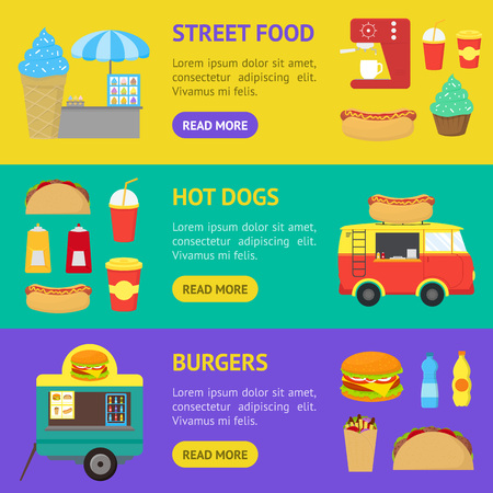 Cartoon Street Food Truck Stall Kiosk Banner Horizontal Set