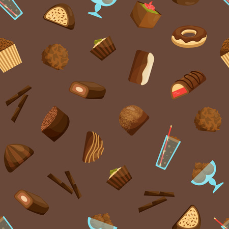 Chocolate Sweets Seamless Pattern Background Include of Candy, Dessert, Donut, Cake and Muffin . Vector illustration of Chocolaty Sweet Food with Toppingのイラスト素材