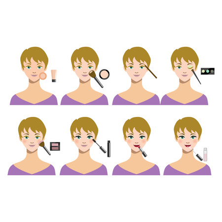 Cartoon Female Makeup Steps. Vectorのイラスト素材