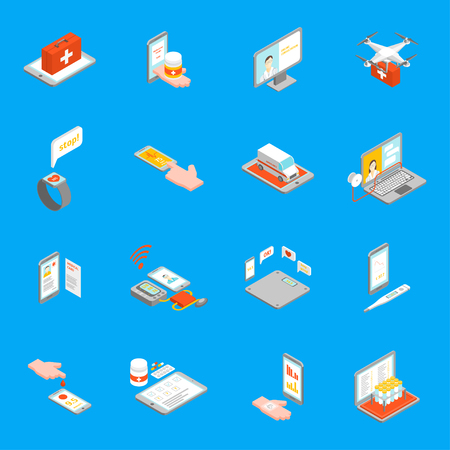 Digital Medicine 3d Icons Set Isometric View on a Blue Gadget and Device for Control, Diagnostic and Health Care. Vector illustrationのイラスト素材