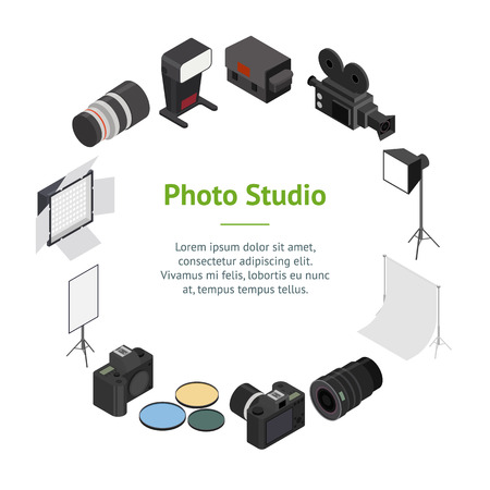 Photo Studio Equipment Banner Card Circle Isometric View.のイラスト素材