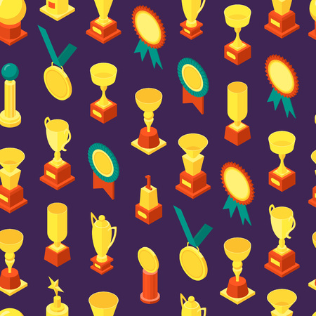 Trophy Cups Awards Seamless Pattern Background Isometric View. Vectorのイラスト素材