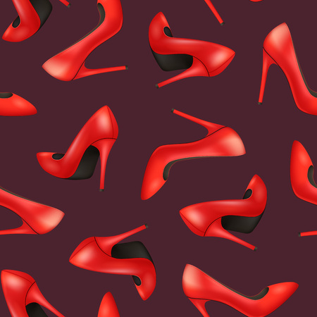 Realistic Detailed 3d Woman High Heel Red Shoes Seamless Pattern Background.のイラスト素材