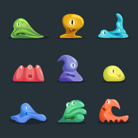 Different Types Cute Jelly Monsters Characters Emotions Set on a Dark Background. Vector illustration of Funny Friendly Monsterのイラスト素材