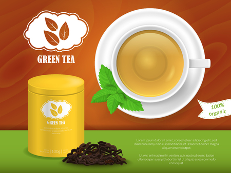 Realistic Detailed 3d Green Tea Ads. Vectorのイラスト素材