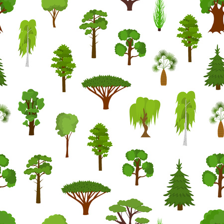 Different Green Tree Types Seamless Pattern Background. Vectorのイラスト素材