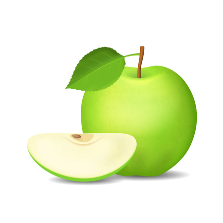 Realistic Detailed 3d Whole Green Apple and Slice. Vectorのイラスト素材