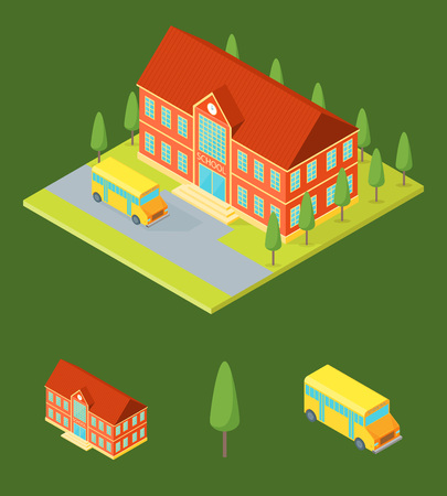 School Public Building and Elements Part for Learning, Studying and Educate Isometric View Urban Architecture Modern Exterior Facade for Web. Vector illustrationのイラスト素材