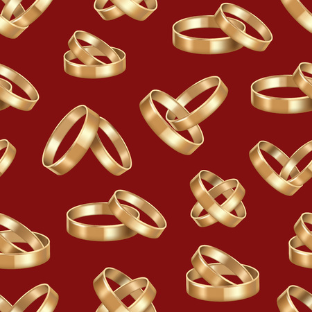 Realistic Detailed Golden Wedding Rings Seamless Pattern Background of Marriage Romantic Luxury Shiny Jewelry Gift. Vector illustration of Gold Ringのイラスト素材