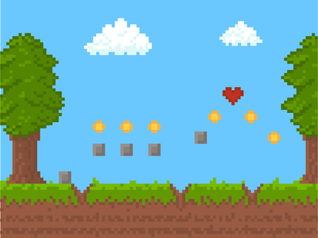 Cartoon Pixel Art Nature Scene Background Card Poster. Vectorのイラスト素材
