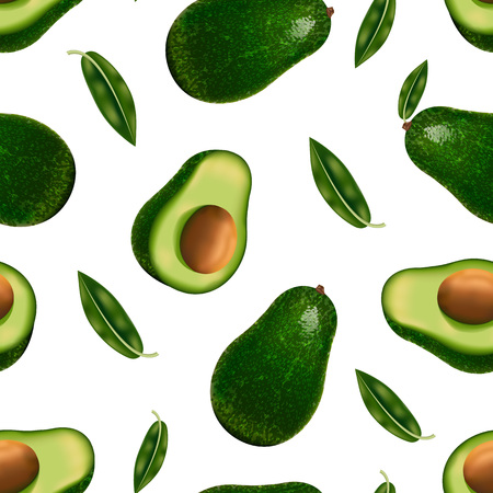 Realistic Detailed 3d Whole Avocado and Slice Seamless Pattern Background. Vectorのイラスト素材