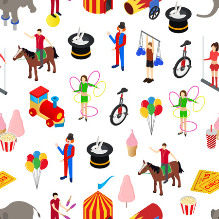 Circus Amusement and Attraction Seamless Pattern Background Isometric View. Vectorのイラスト素材