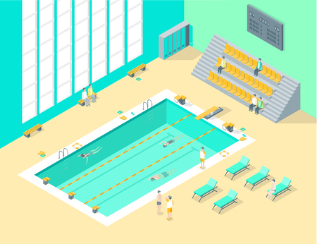 Indoors Swimming Pool Interior with People Isometric View. Vectorのイラスト素材