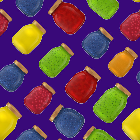 Realistic Detailed 3d Glass Jar with Jam Seamless Pattern Background. Vectorのイラスト素材