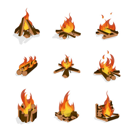 Cartoon Fire Wood and Campfire Set. Vectorのイラスト素材
