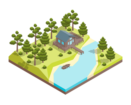 House Forest Lake Concept 3d Isometric View. Vectorのイラスト素材