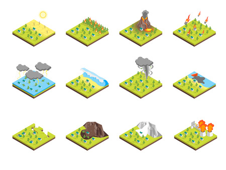 Nature Disaster Concept Set 3d Isometric View. Vectorのイラスト素材