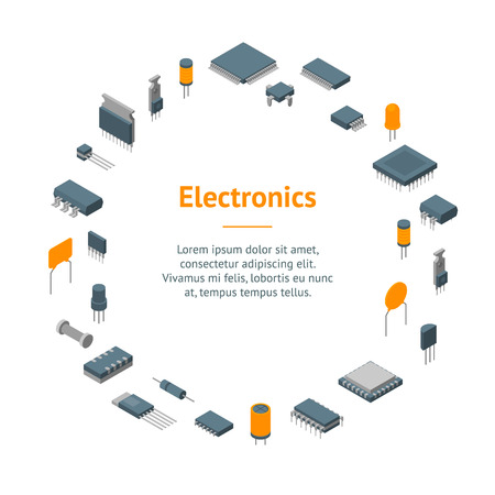 Microchip Computer Electronic Components Banner Card Circle Isometric View. Vectorのイラスト素材