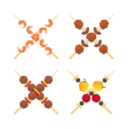 Cartoon Color Kebab on Wooden Skewers Crossing Set. Vectorのイラスト素材