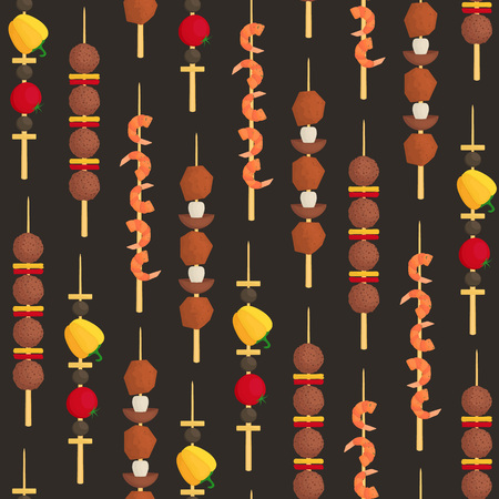 Cartoon Color Kebab on Wooden Skewers Seamless Pattern Background. Vectorのイラスト素材
