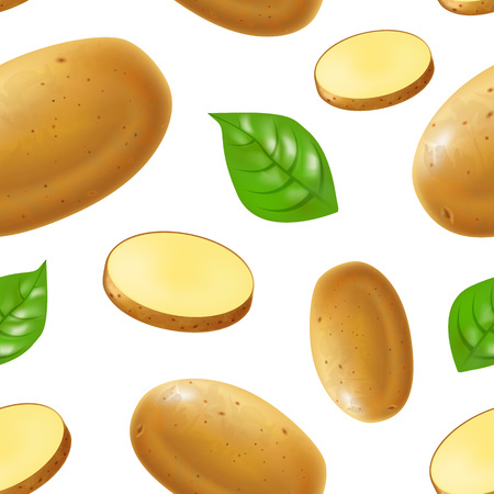 Realistic Detailed 3d Whole Potatoes and Slices Seamless Pattern Background. Vectorのイラスト素材