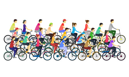 Cartoon Color Cyclists Different Types in Crowd. Vectorのイラスト素材