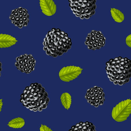 Realistic Detailed 3d Blackberries with Green Leaves Seamless Pattern Background. Vectorのイラスト素材