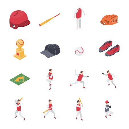 Baseball Game Sport Signs 3d Icons Set Isometric View Include of Softball, Trophy, Shoe, Glove and Hat. Vector illustration of Iconのイラスト素材