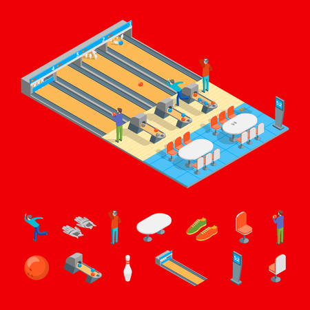 Bowling Alley Throwing Strike and Elements 3D Isometric View Sport Game or Leisure Hobby Concept. Vector illustration of Competition Tournamentのイラスト素材