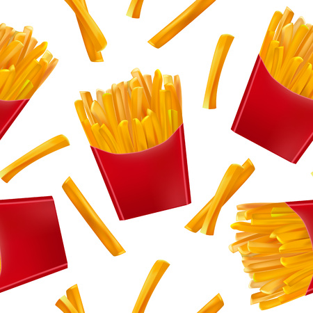 Realistic Detailed 3d French Fries Seamless Pattern Background on a White Fast Food Concept Potatoes in Red Carton Package Box. Vector illustration of Snackのイラスト素材