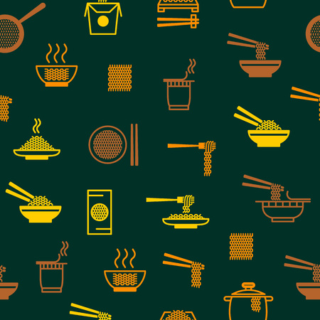 Noodle Thin Line Seamless Pattern Background Chinese or Japanese Traditional Fast Food and Chopstick, Box. Vector illustrationのイラスト素材
