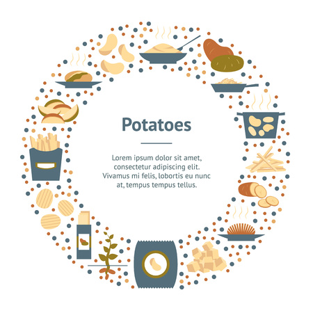 Cartoon Color Potato Banner Card Circle Cooking or Ingredient Food Concept Flat Design Style. Vector illustration of Potatoes Iconsのイラスト素材